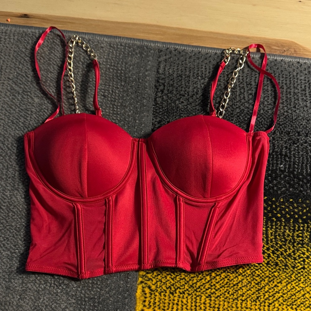 Say What? Red Bustier with Gold Chain Straps